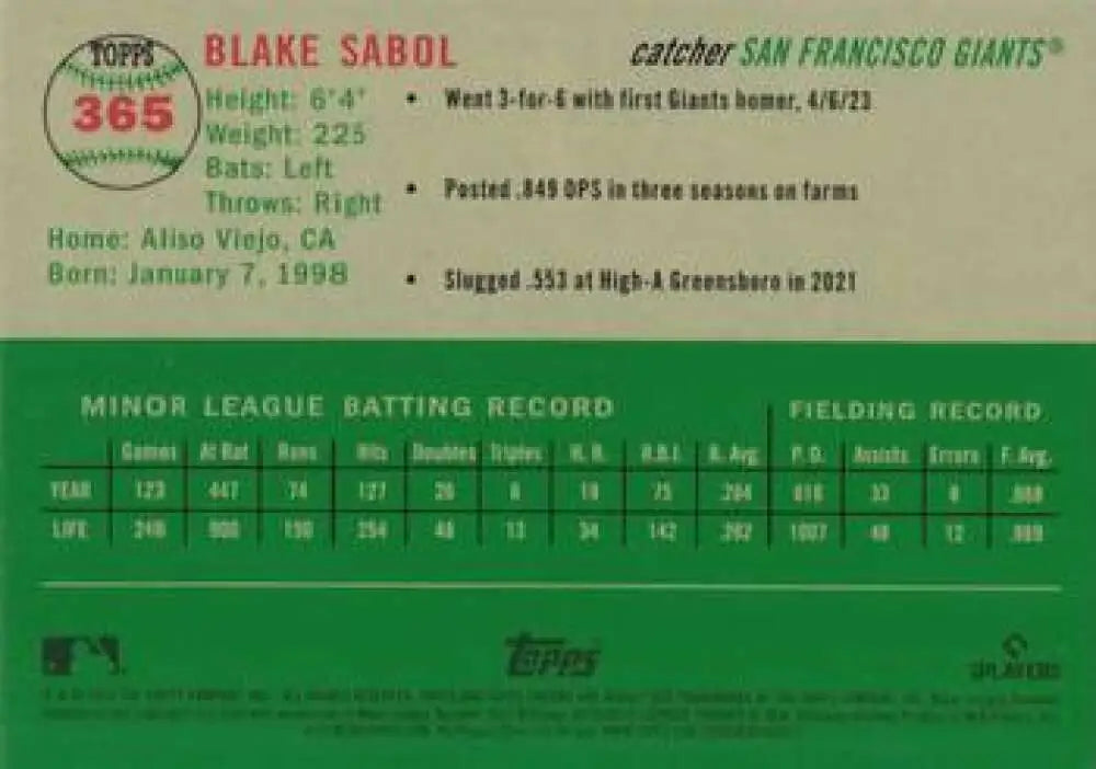 2023 Topps Chrome Platinum Anniversary #365 Blake Sabol EX Excellent RC Rookie San Francisco Giants Baseball Card