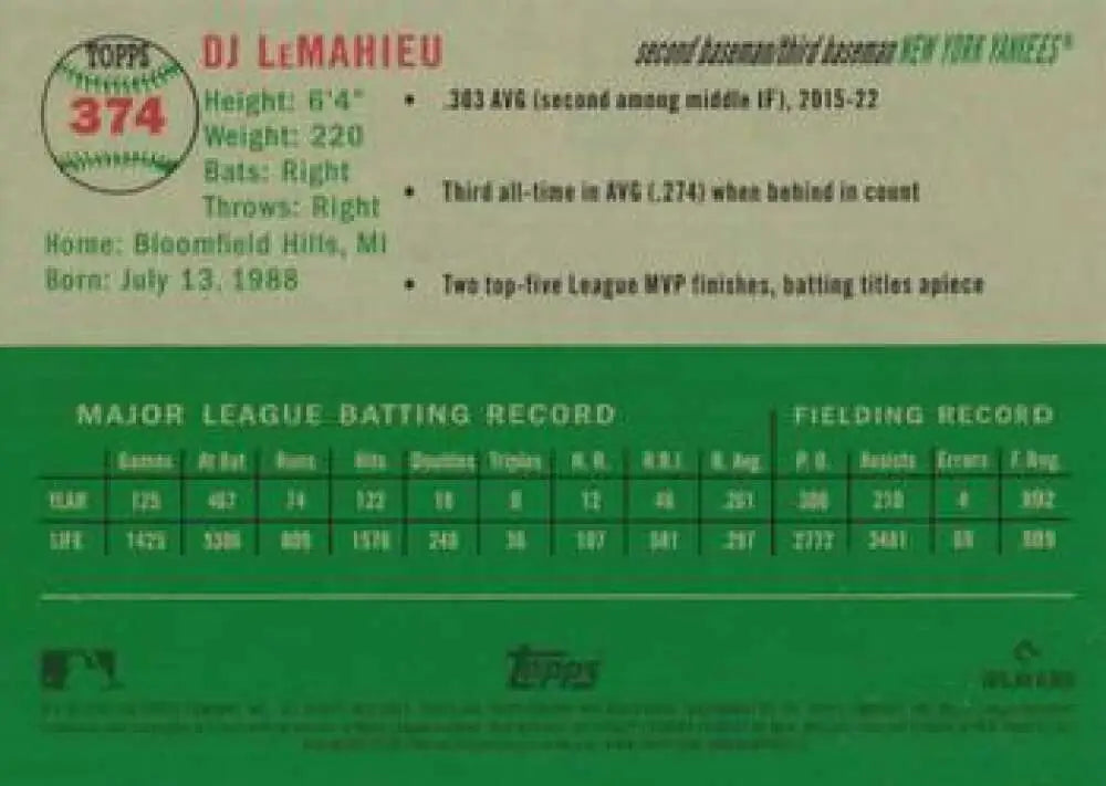 2023 Topps Chrome Platinum Anniversary #374 DJ LeMahieu EX Excellent New York Yankees Baseball Card - Baseball Card