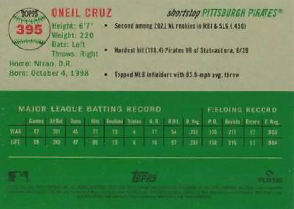 2023 Topps Chrome Platinum Anniversary #395 Oneil Cruz EX Excellent Pittsburgh Pirates Baseball Card - Baseball Card