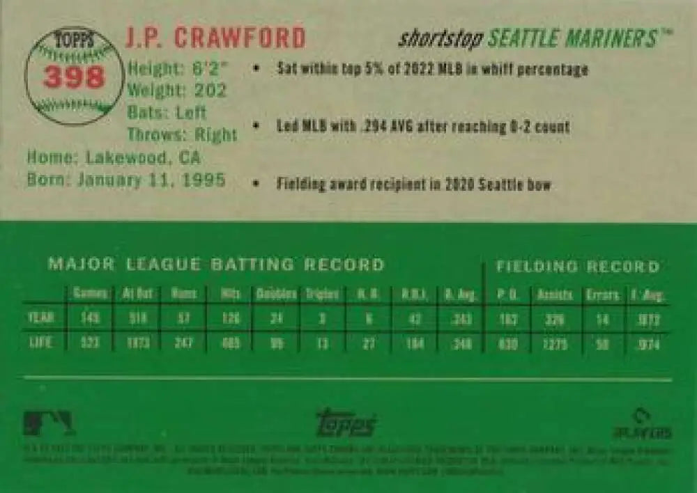 2023 Topps Chrome Platinum Anniversary #398 J.P. Crawford EX Excellent Seattle Mariners Baseball Card - Baseball Card