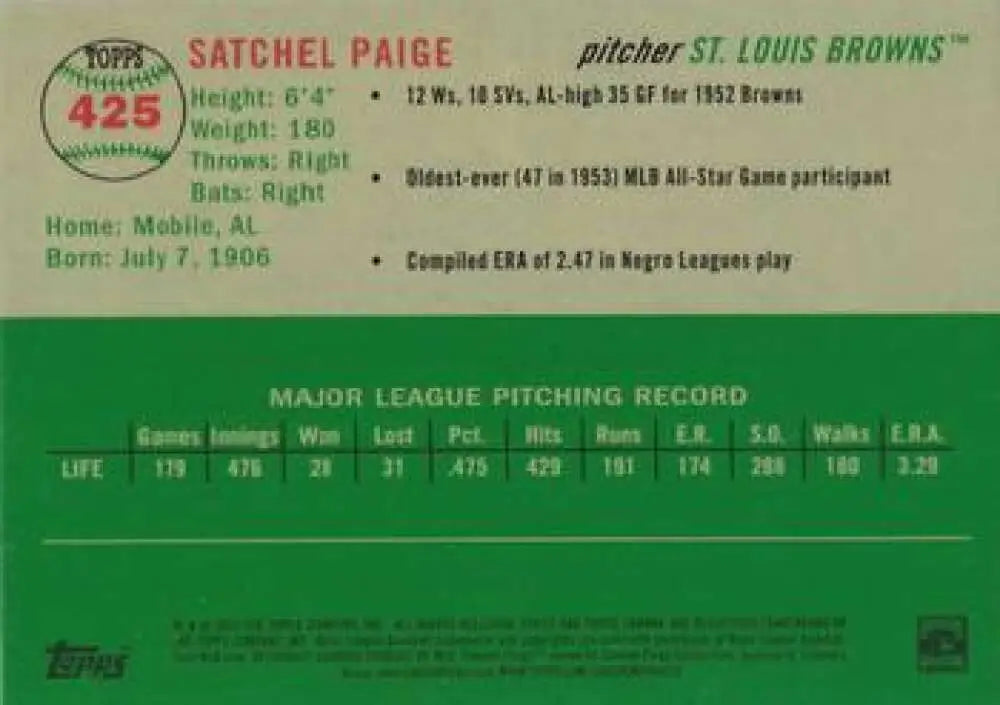 2023 Topps Chrome Platinum Anniversary #425 Satchel Paige EX Excellent St. Louis Browns Baseball Card - Baseball Card