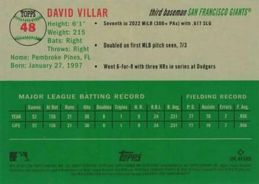2023 Topps Chrome Platinum Anniversary #48 David Villar EX Excellent RC Rookie San Francisco Giants Baseball Card