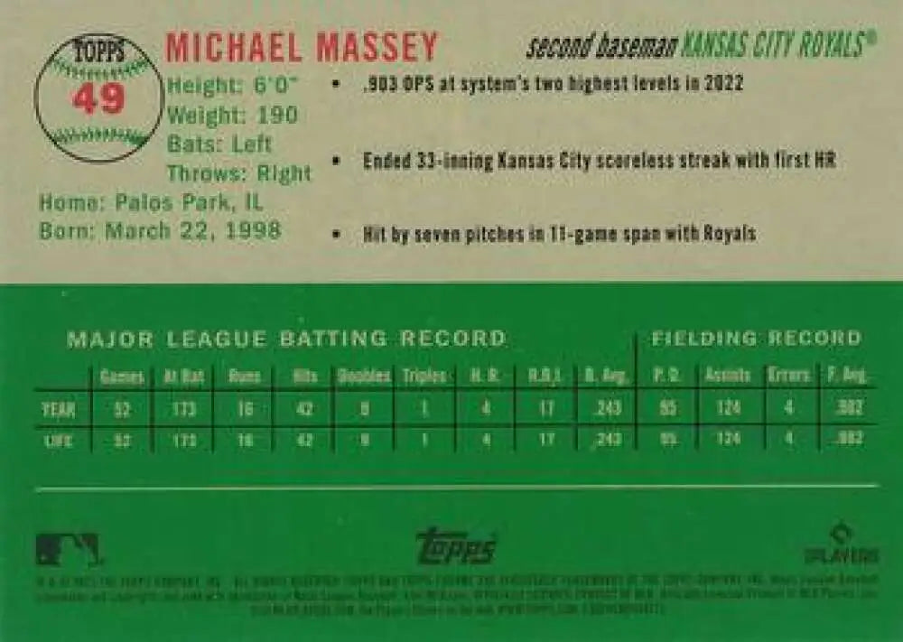 2023 Topps Chrome Platinum Anniversary #49 Michael Massey EX Excellent RC Rookie Kansas City Royals Baseball Card