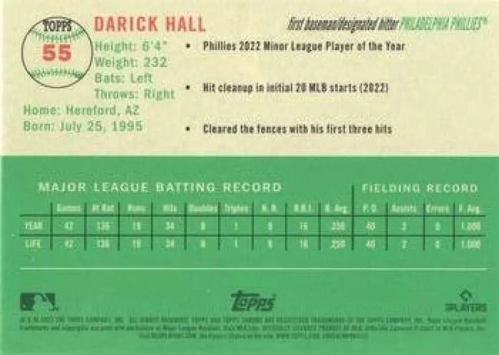 2023 Topps Chrome Platinum Anniversary #55 Darick Hall EX Excellent RC Rookie Philadelphia Phillies Baseball Card