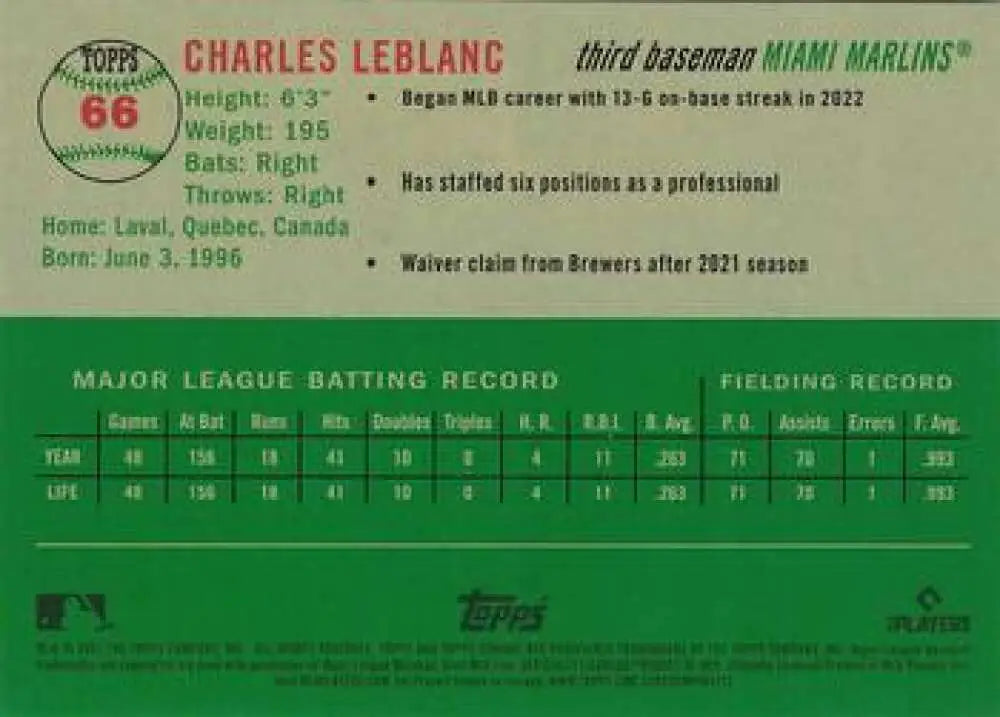 2023 Topps Chrome Platinum Anniversary #66 Charles Leblanc EX Excellent RC Rookie Miami Marlins Baseball Card