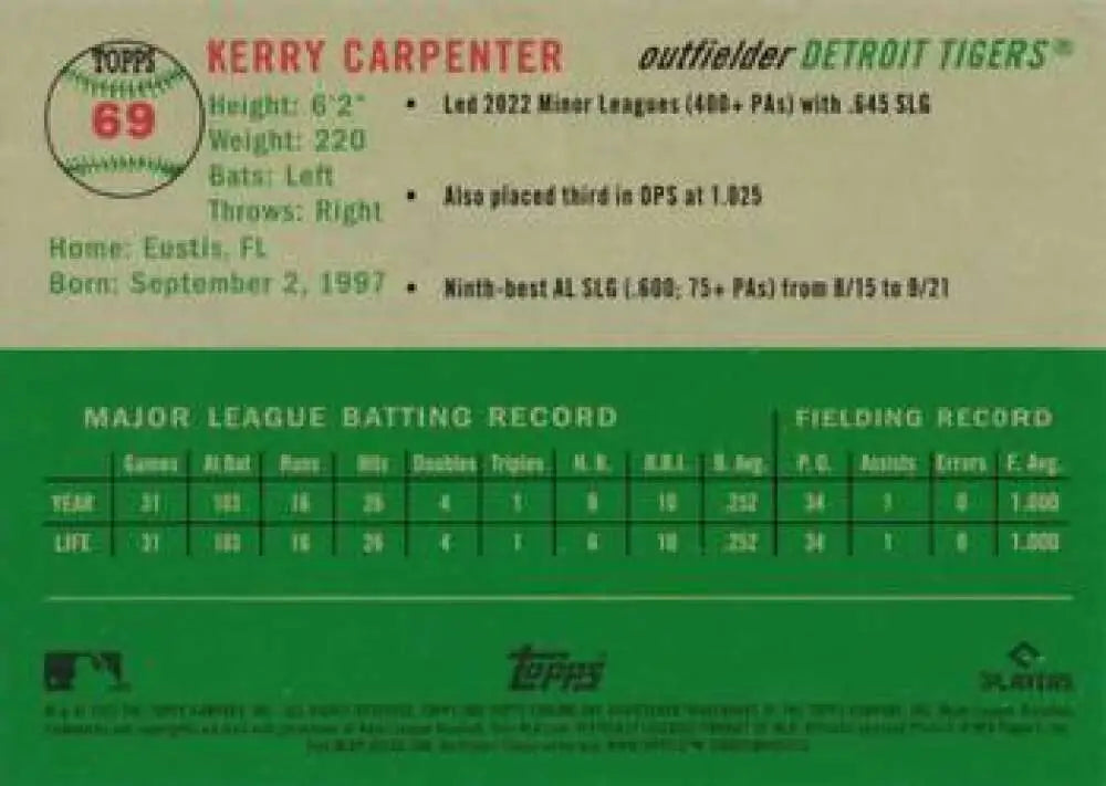 2023 Topps Chrome Platinum Anniversary #69 Kerry Carpenter EX Excellent RC Rookie Detroit Tigers Baseball Card