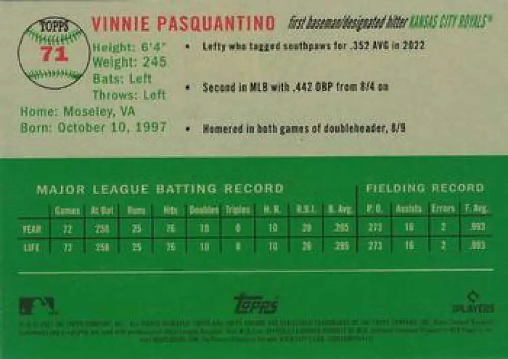 2023 Topps Chrome Platinum Anniversary #71 Vinnie Pasquantino EX Excellent RC Rookie Kansas City Royals Baseball Card