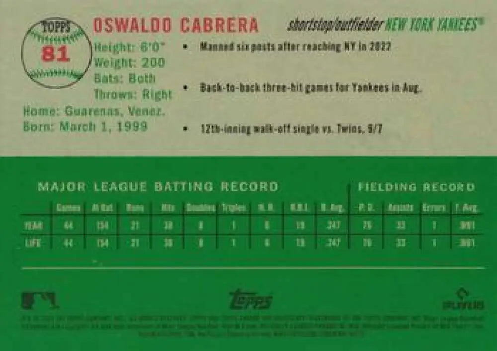 2023 Topps Chrome Platinum Anniversary #81 Oswaldo Cabrera EX Excellent RC Rookie New York Yankees Baseball Card