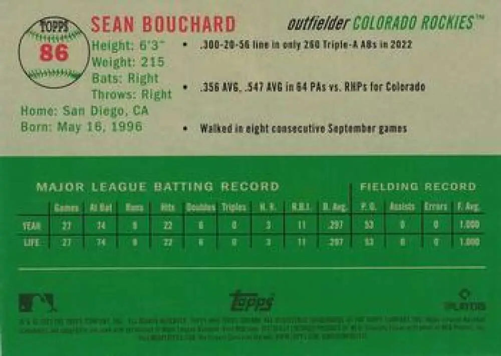 2023 Topps Chrome Platinum Anniversary #86 Sean Bouchard EX Excellent RC Rookie Colorado Rockies Baseball Card