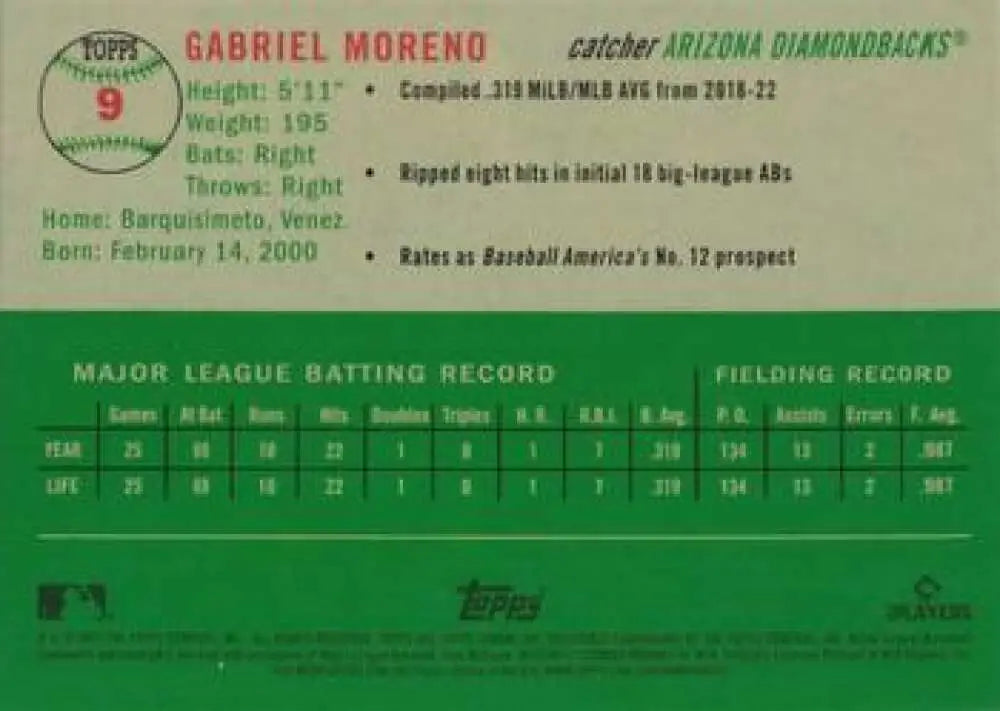 2023 Topps Chrome Platinum Anniversary #9 Gabriel Moreno EX Excellent RC Rookie Arizona Diamondbacks Baseball Card