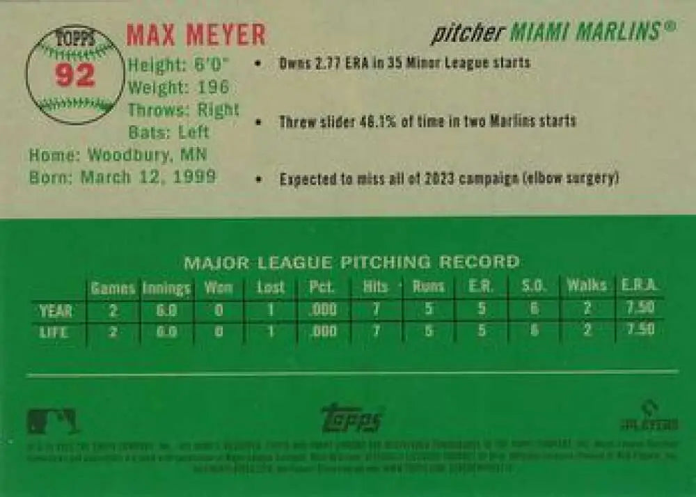 2023 Topps Chrome Platinum Anniversary #92 Max Meyer EX Excellent RC Rookie Miami Marlins Baseball Card - Baseball Card