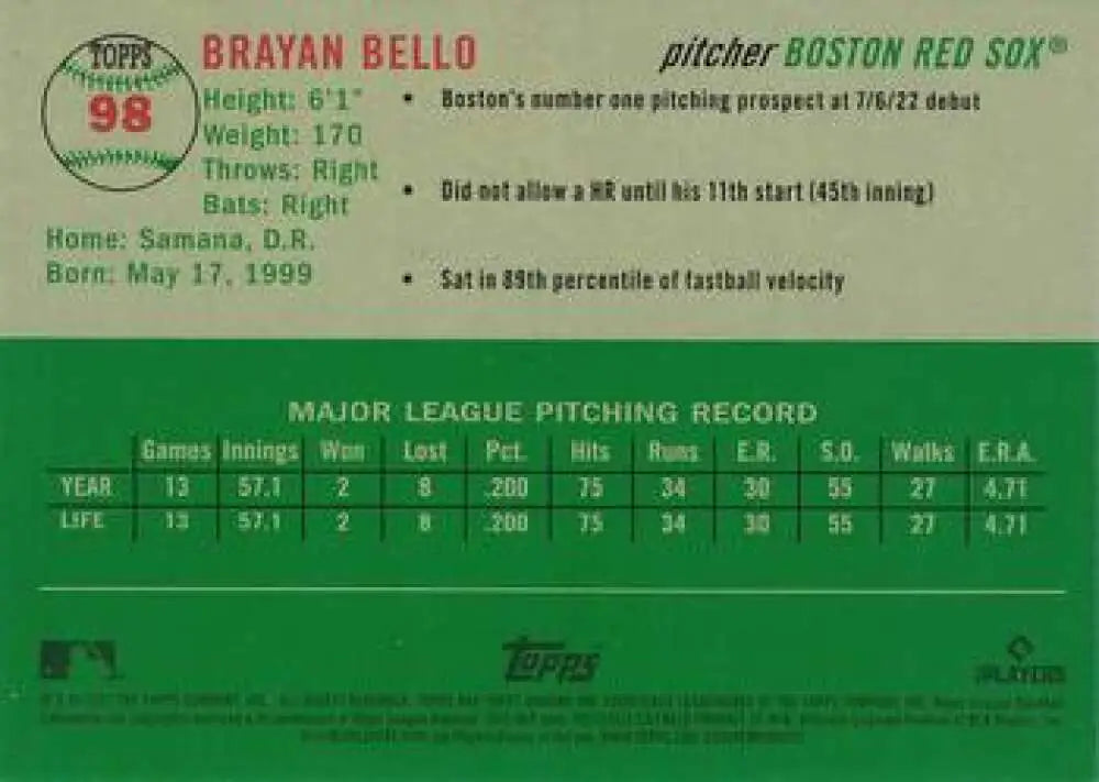 2023 Topps Chrome Platinum Anniversary #98 Brayan Bello EX Excellent RC Rookie Boston Red Sox Baseball Card - Baseball