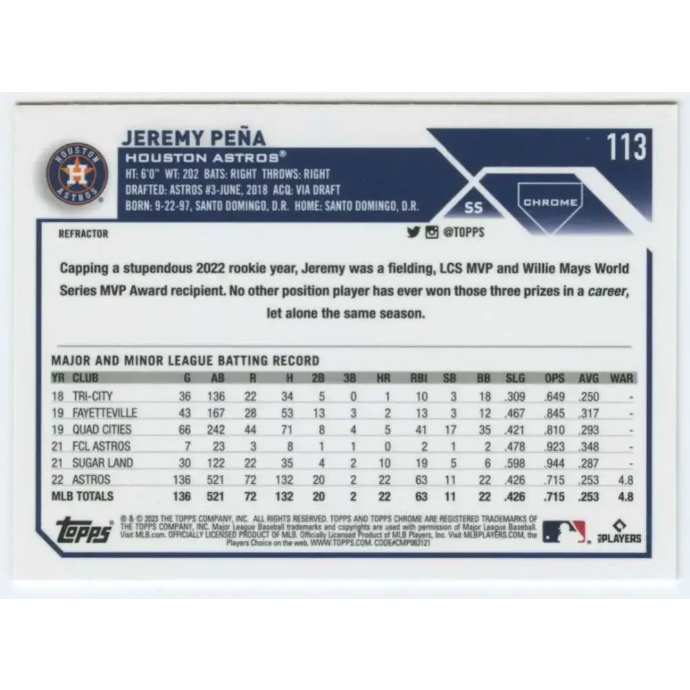 2023 Topps Chrome Refractor #113 Jeremy Pena NM-MT Houston Astros Baseball Card - Baseball Card Single