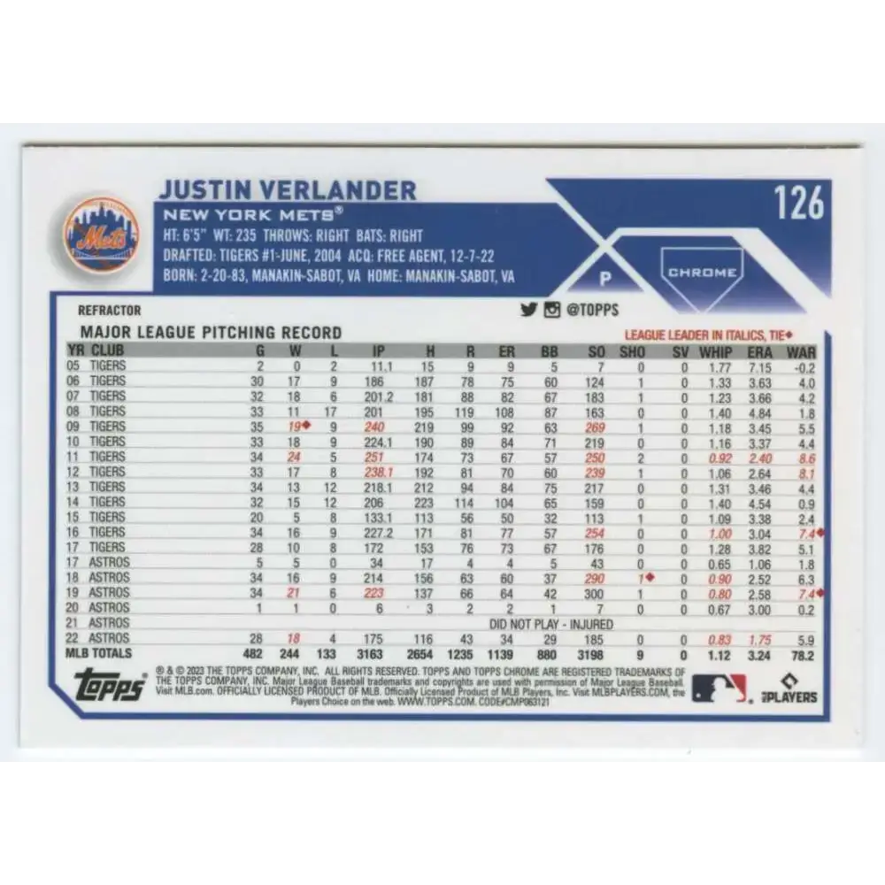 2023 Topps Chrome Refractor #126 Justin Verlander NM-MT New York Mets Baseball Card - Baseball Card Single