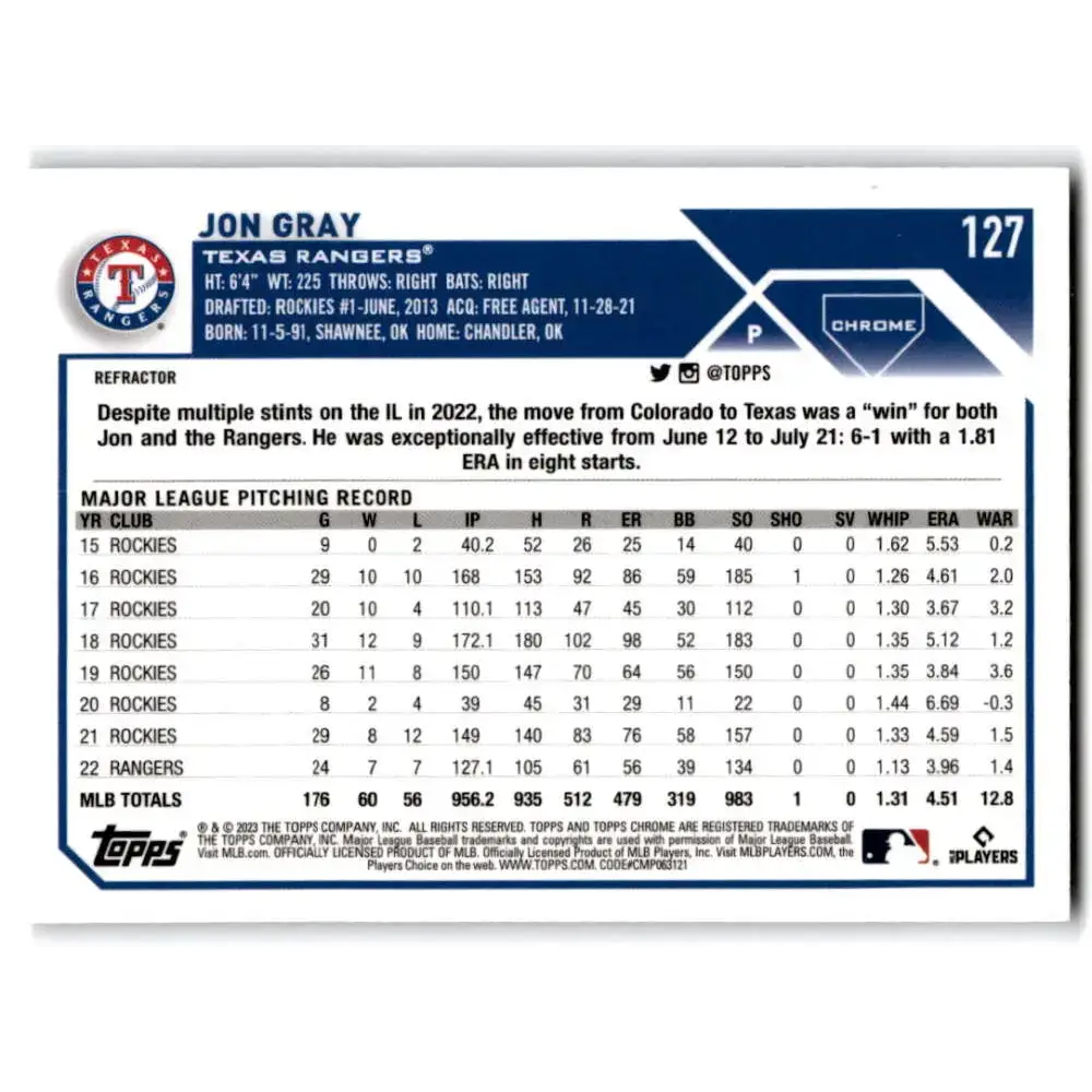 2023 Topps Chrome Refractor #127 Jon Gray NM-MT Texas Rangers Baseball Card - Baseball Card Single