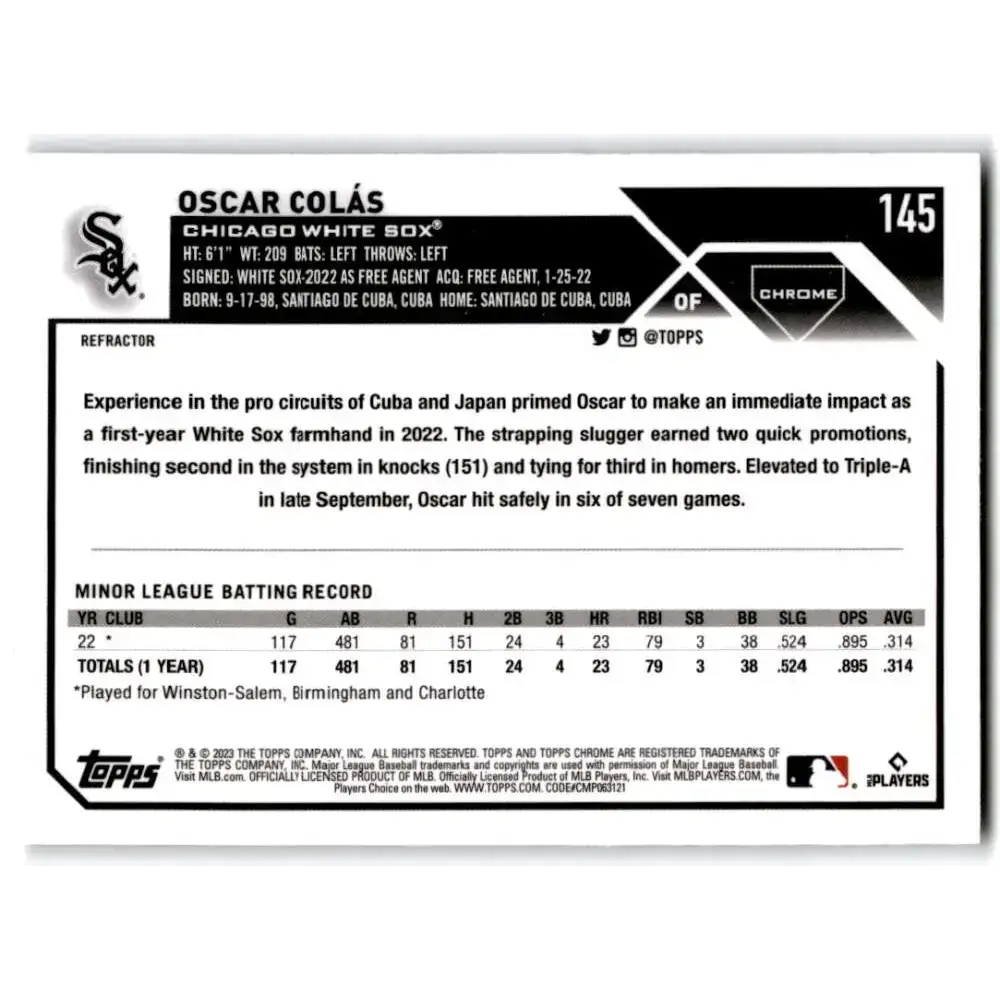 2023 Topps Chrome Refractor #145 Oscar Colas NM-MT RC Rookie Chicago White Sox Baseball Card - Baseball Card Single