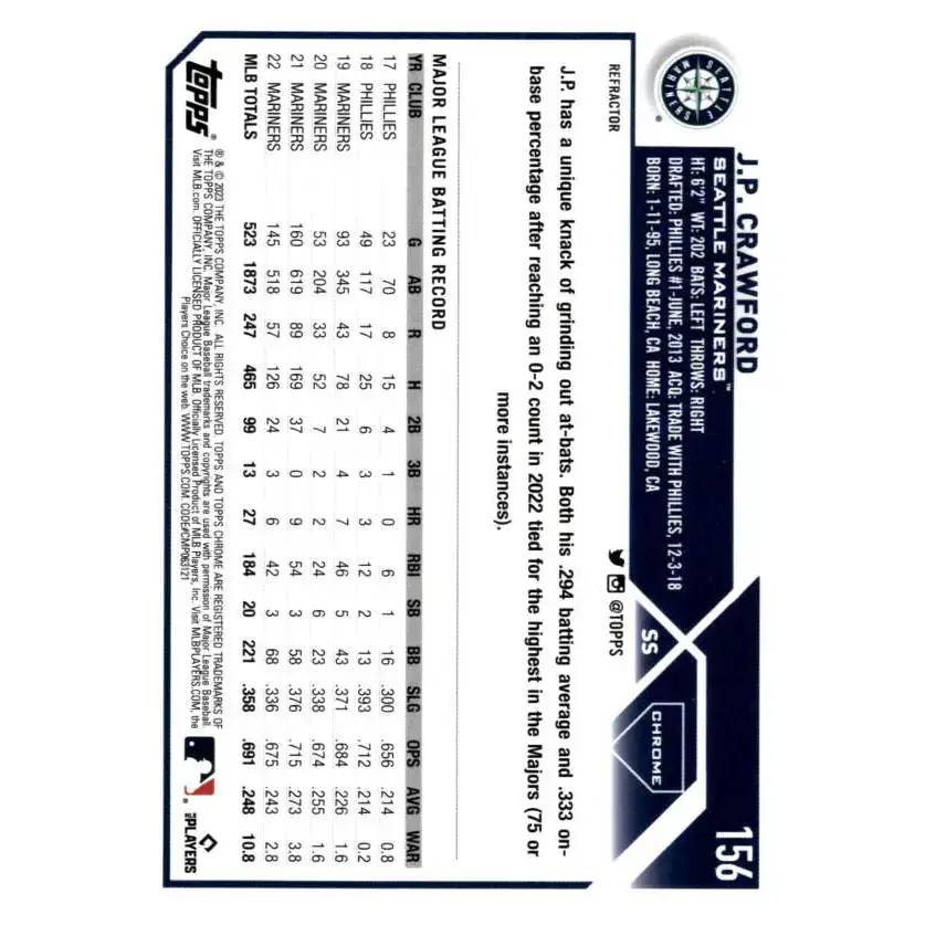 2023 Topps Chrome Refractor #156 J.P. Crawford NM-MT Seattle Mariners Baseball Card - Baseball Card Single