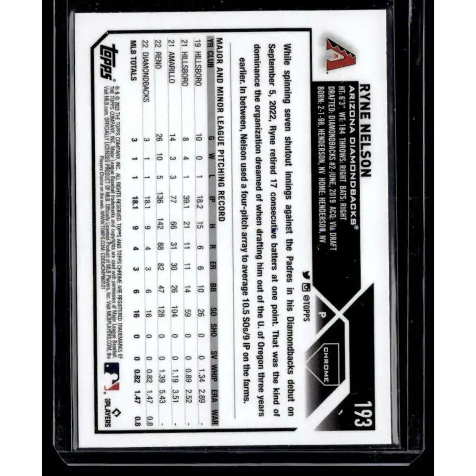 2023 Topps Chrome Refractor Pink #193 Ryne Nelson NM-MT RC Rookie Arizona Diamondbacks Baseball Card - Baseball Card