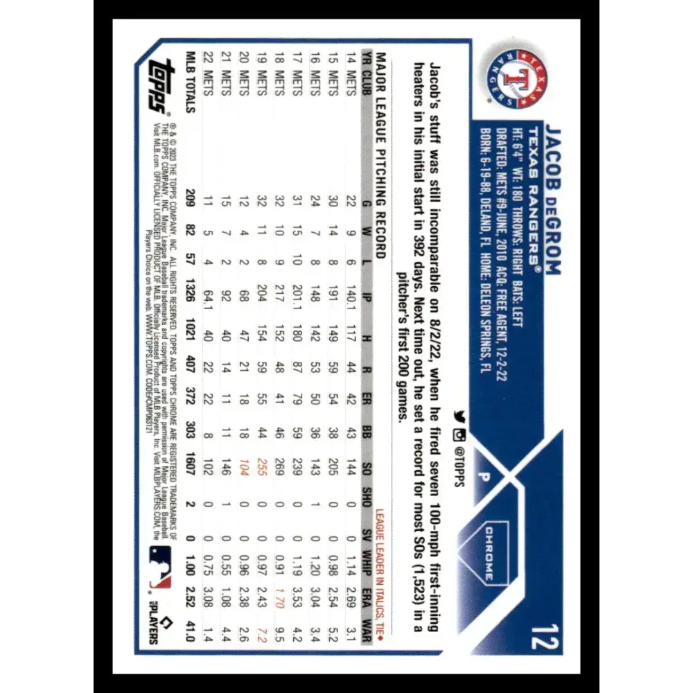 2023 Topps Chrome Refractor Prism #12 Jacob deGrom NM-MT Texas Rangers Baseball Card - Baseball Card Single