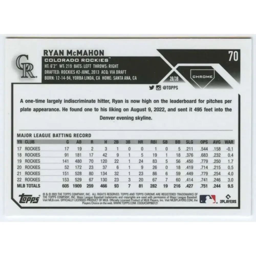 2023 Topps Chrome Refractor Prism #70 Ryan McMahon NM-MT Colorado Rockies Baseball Card - Baseball Card Single