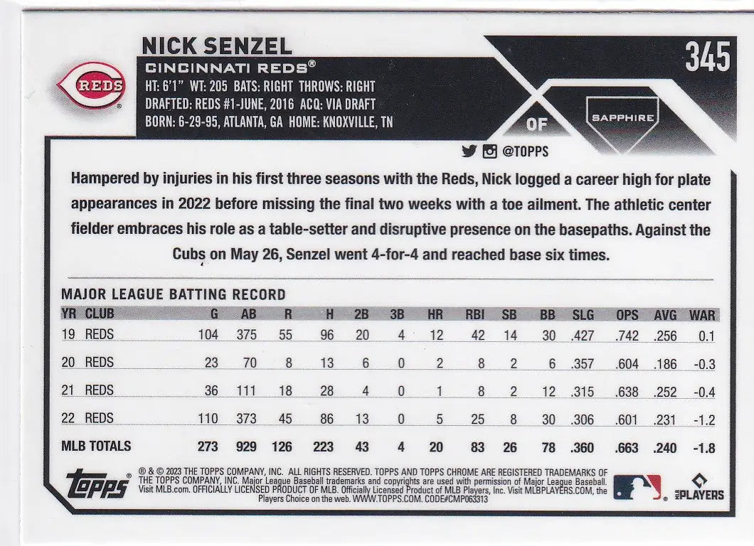 2023 TOPPS CHROME SAPPHIRE #345 NICK SENZEL- CINCINNATI REDS - Baseball Card Single
