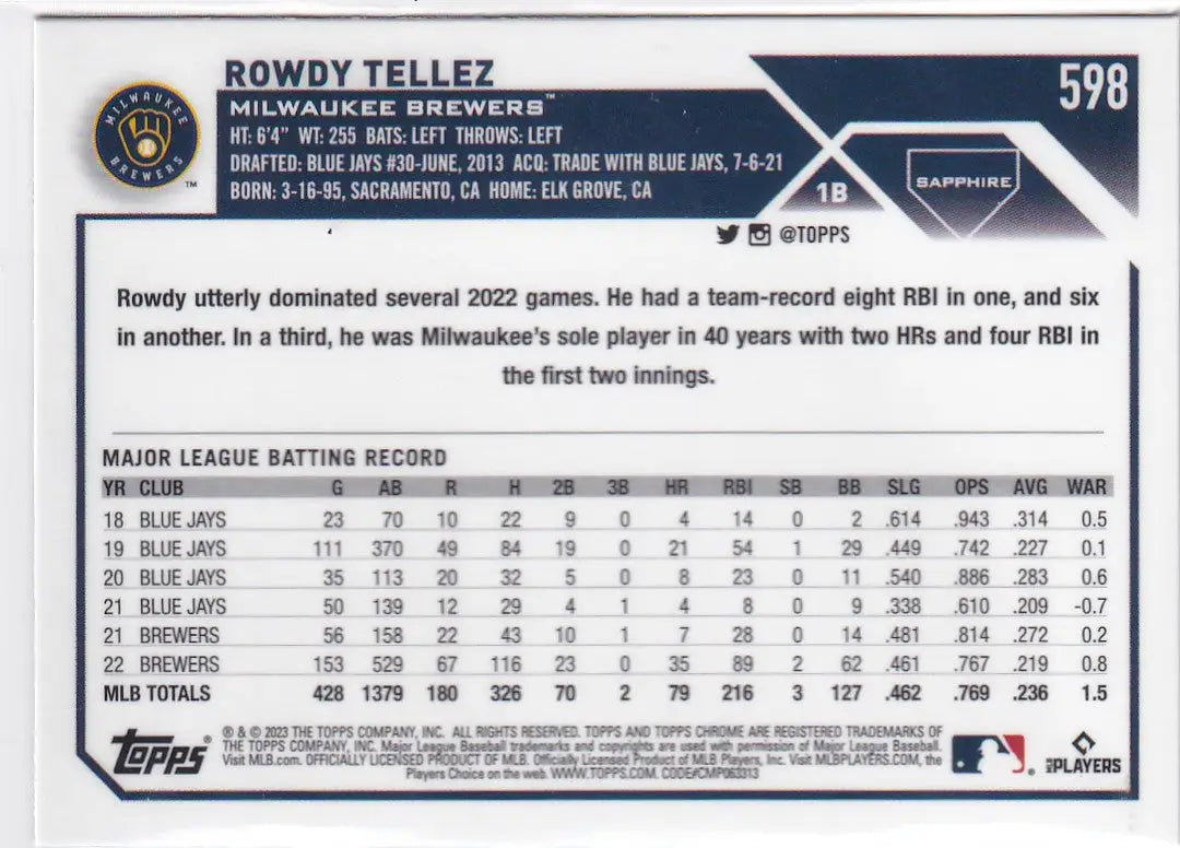 2023 TOPPS CHROME SAPPHIRE #598 ROWDY TELLEZ- MILWAUKEE BREWERS - Baseball Card Single