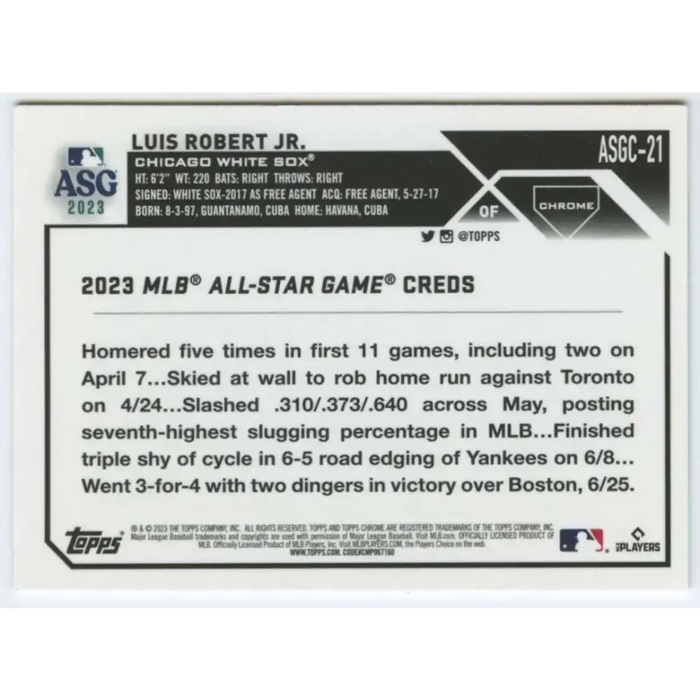 2023 Topps Chrome Update All-Star Game Refractor #ASGC-21 Luis Robert Jr. NM-MT Chicago White Sox Baseball Card