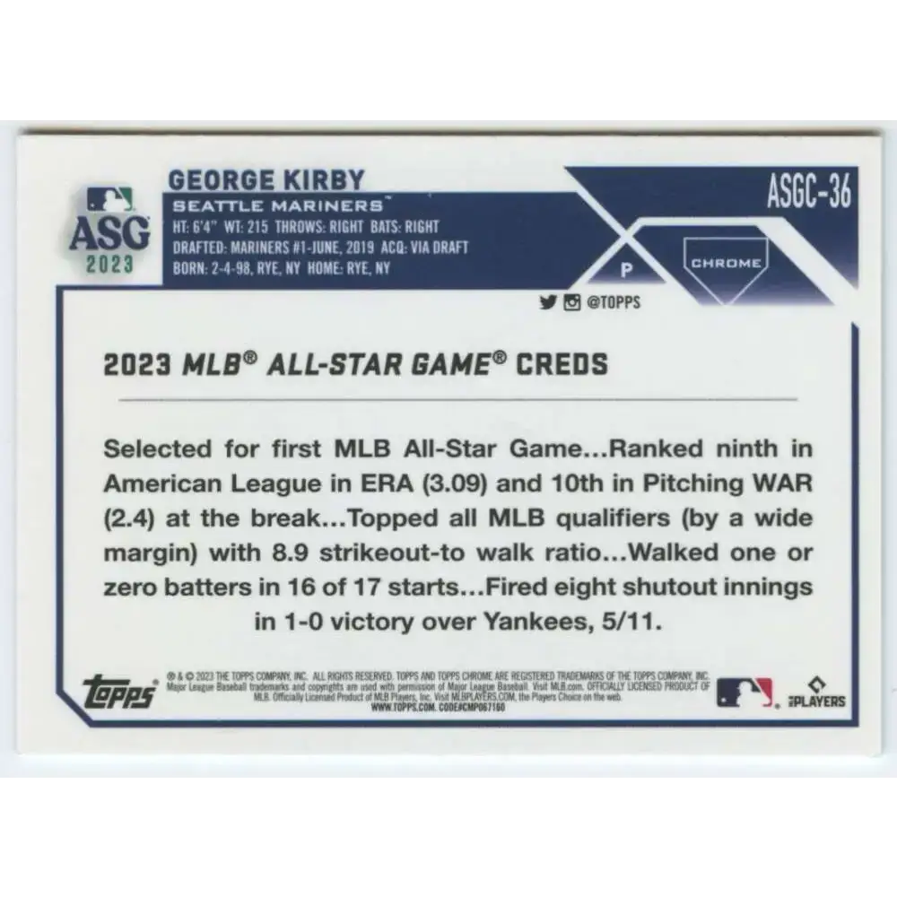 2023 Topps Chrome Update All-Star Game Refractor #ASGC-36 George Kirby NM-MT Seattle Mariners Baseball Card - Baseball