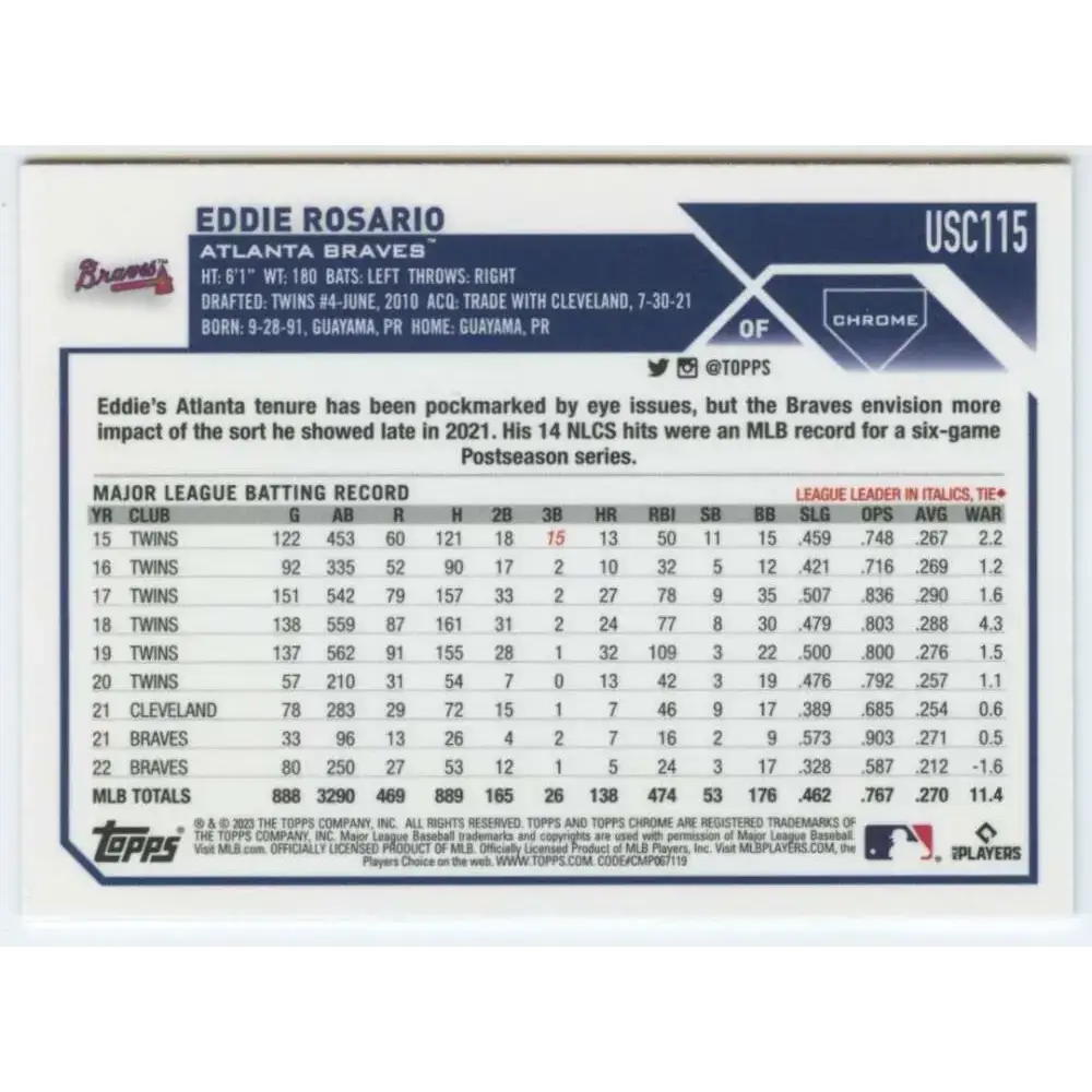 2023 Topps Chrome Update #USC115 Eddie Rosario NM-MT Atlanta Braves Baseball Card - Baseball Card Single