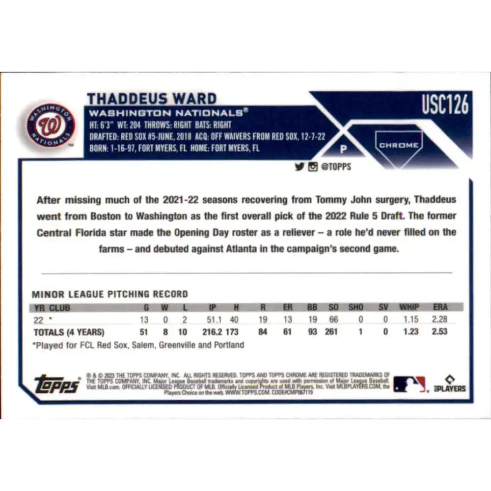 2023 Topps Chrome Update #USC126 Thaddeus Ward NM-MT RC Rookie Washington Nationals Baseball Card - Baseball Card Single