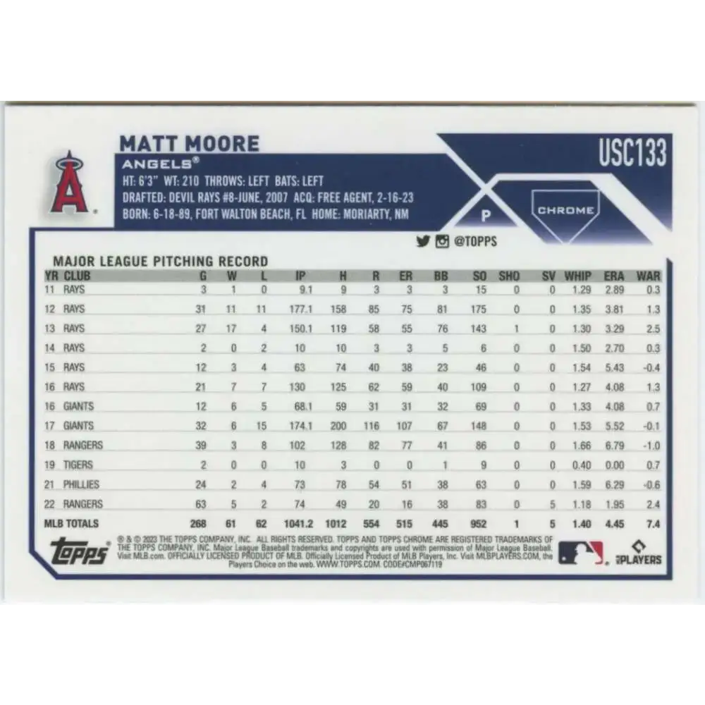 2023 Topps Chrome Update #USC133 Matt Moore NM-MT Los Angeles Angels Baseball Card - Baseball Card Single