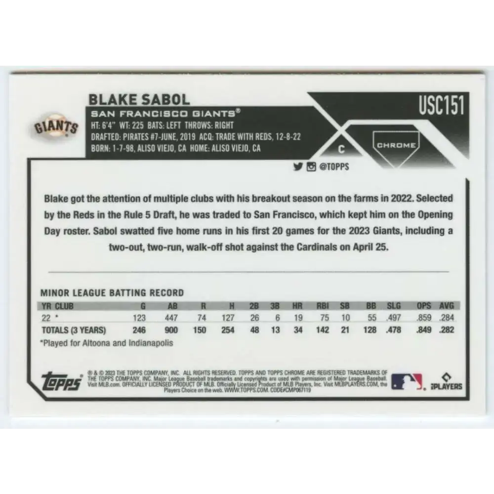 2023 Topps Chrome Update #USC151 Blake Sabol NM-MT RC Rookie San Francisco Giants Baseball Card - Baseball Card Single