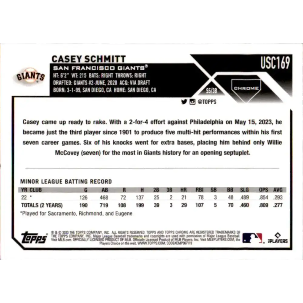 2023 Topps Chrome Update #USC169 Casey Schmitt NM-MT RC Rookie San Francisco Giants Baseball Card - Baseball Card Single