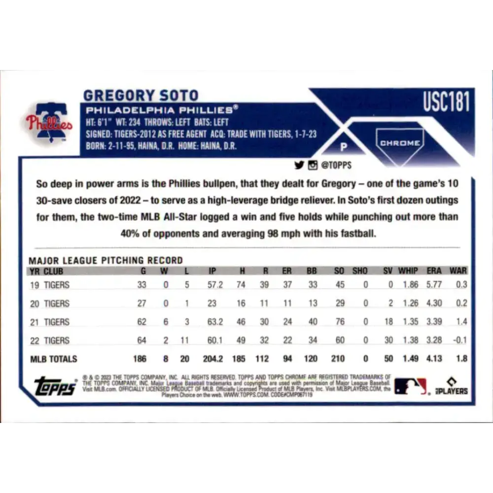 2023 Topps Chrome Update #USC181 Gregory Soto NM-MT Philadelphia Phillies Baseball Card - Baseball Card Single