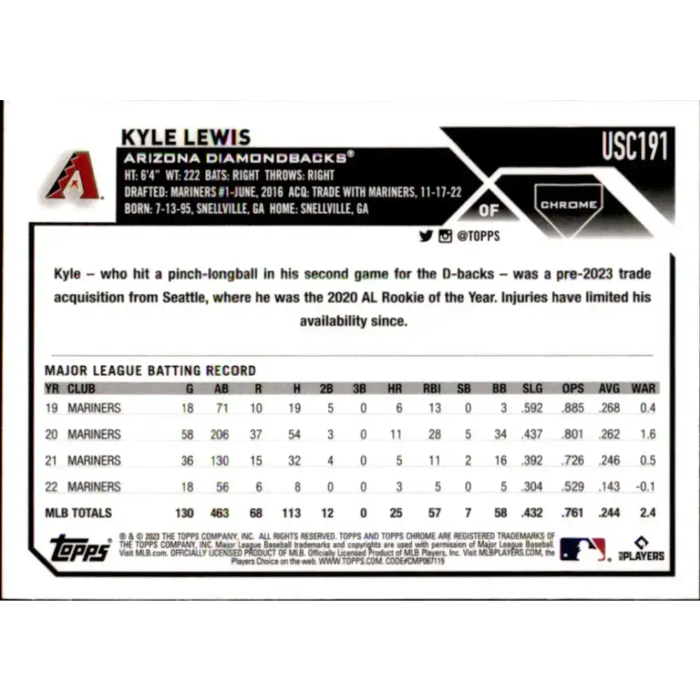 2023 Topps Chrome Update #USC191 Kyle Lewis NM-MT Arizona Diamondbacks Baseball Card - Baseball Card Single