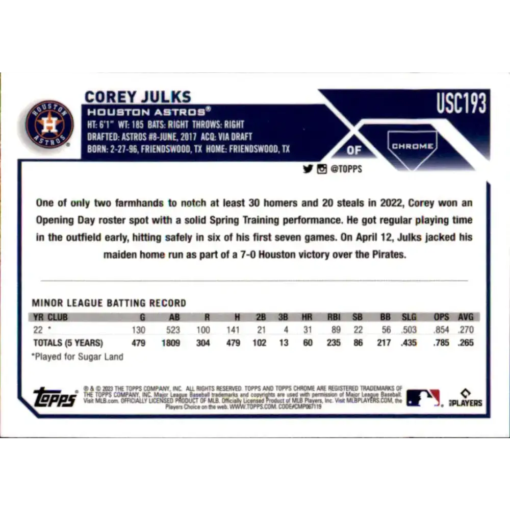 2023 Topps Chrome Update #USC193 Corey Julks NM-MT RC Rookie Houston Astros Baseball Card - Baseball Card Single