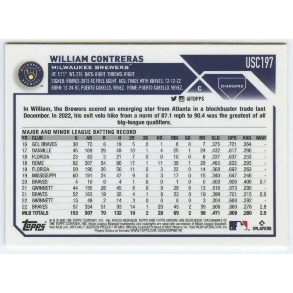 2023 Topps Chrome Update #USC197 William Contreras NM-MT Milwaukee Brewers Baseball Card - Baseball Card Single