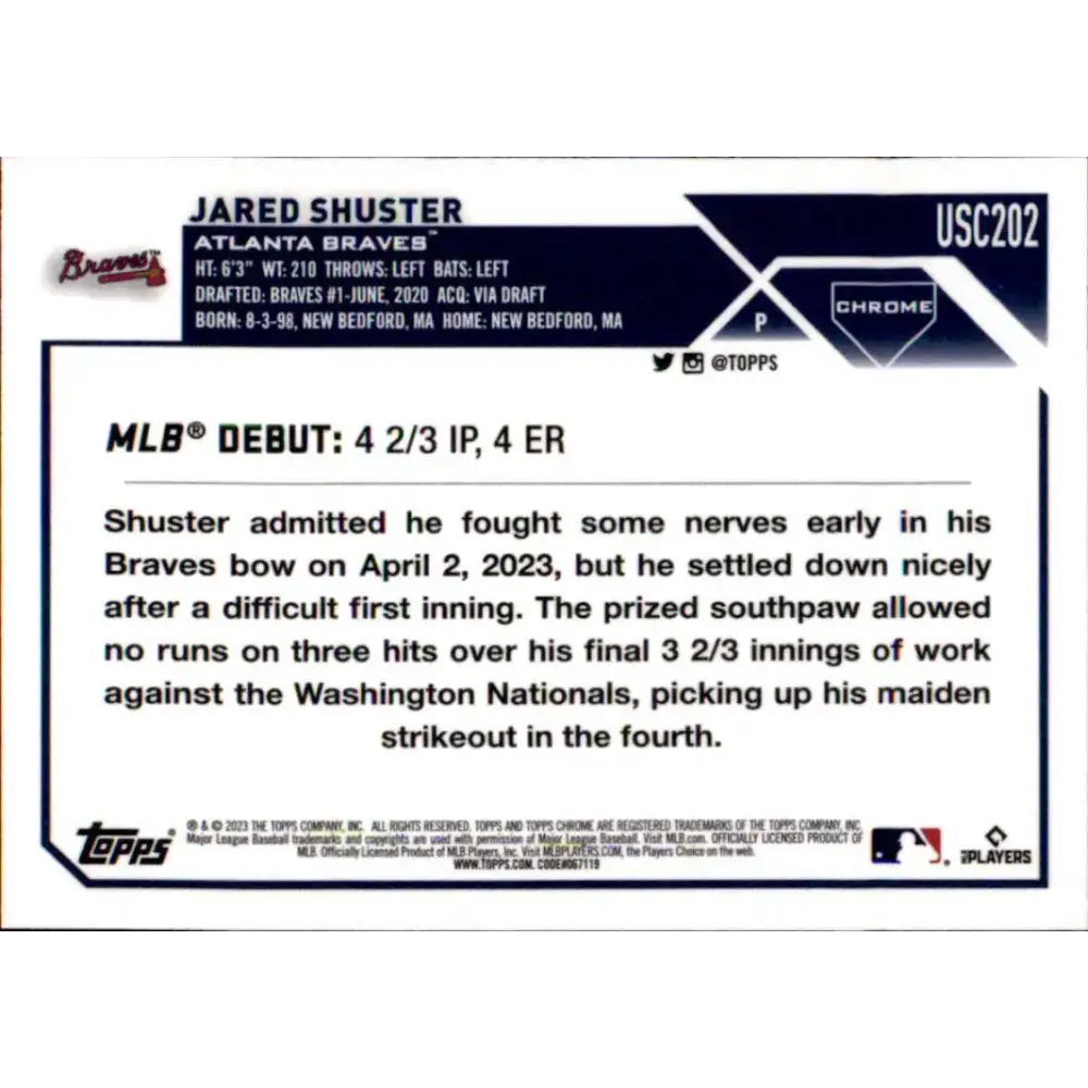 2023 Topps Chrome Update #USC202 Jared Shuster NM-MT Atlanta Braves Baseball Card - Baseball Card Single