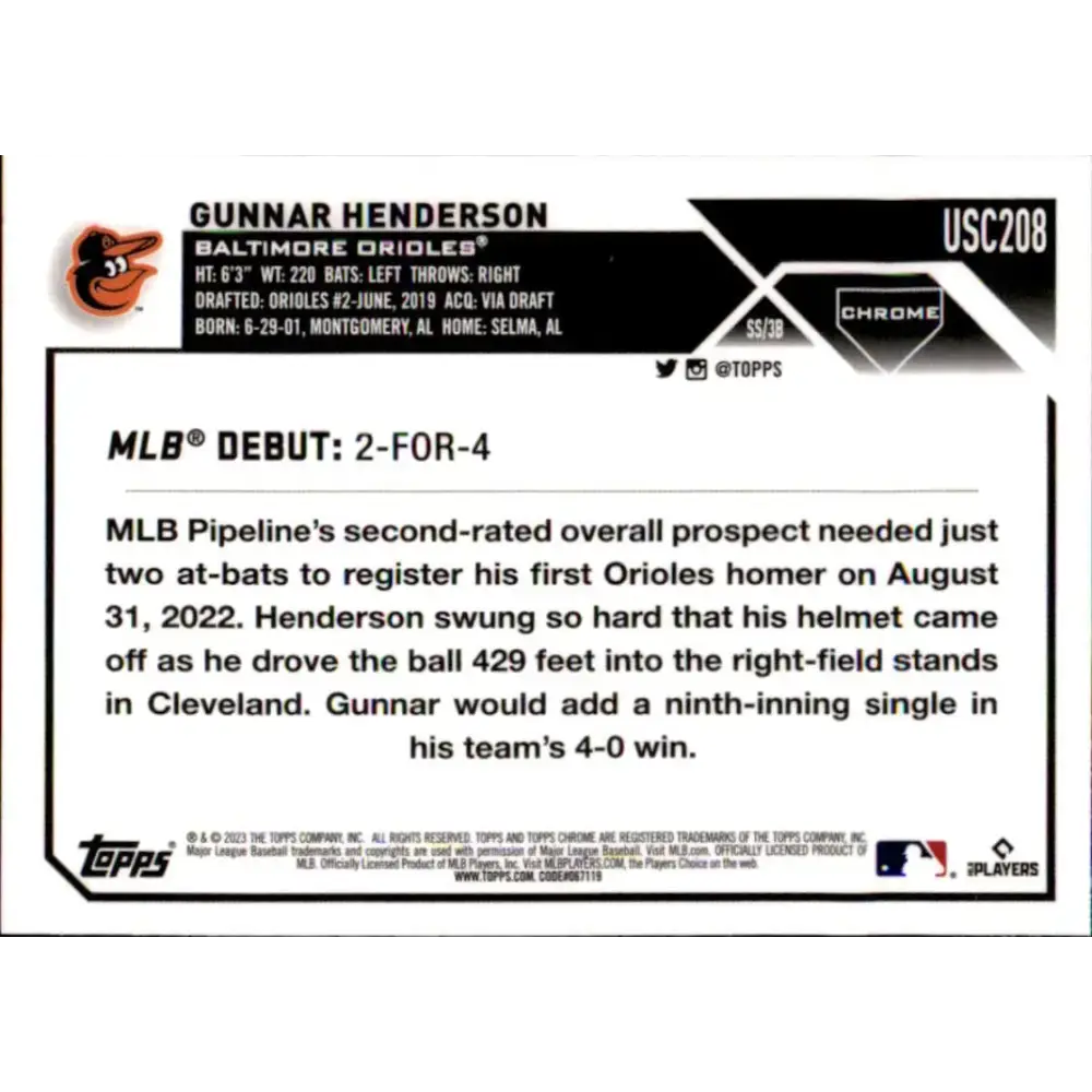 2023 Topps Chrome Update #USC208 Gunnar Henderson NM-MT Baltimore Orioles Baseball Card - Baseball Card Single