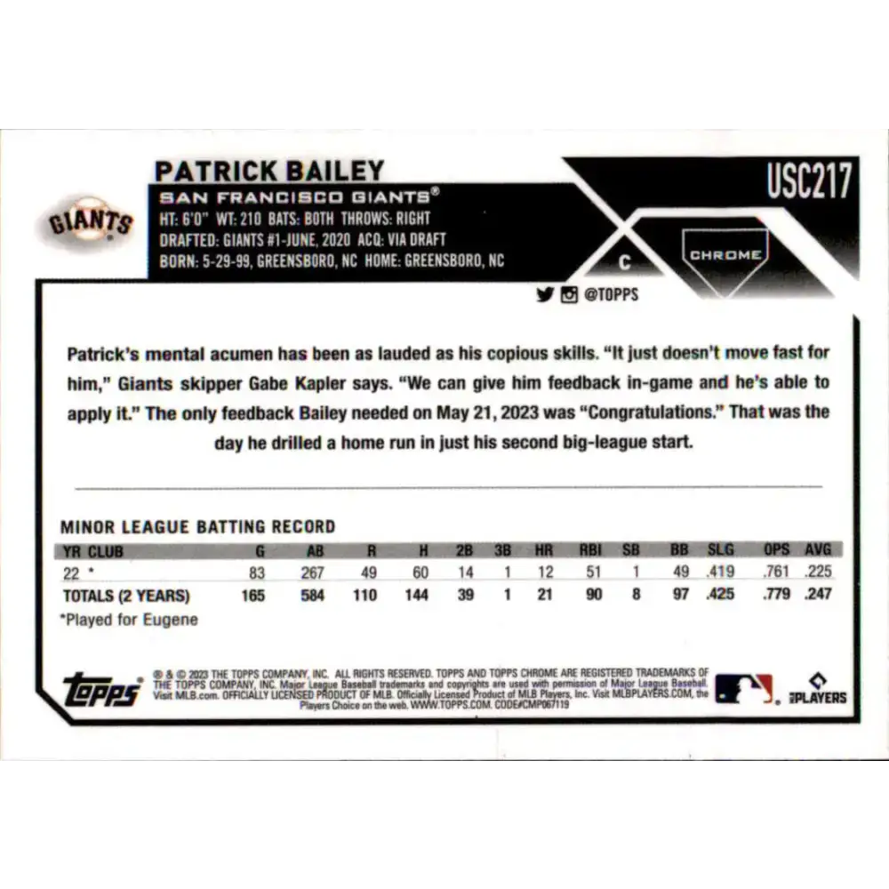 2023 Topps Chrome Update #USC217 Patrick Bailey NM-MT RC Rookie San Francisco Giants Baseball Card - Baseball Card