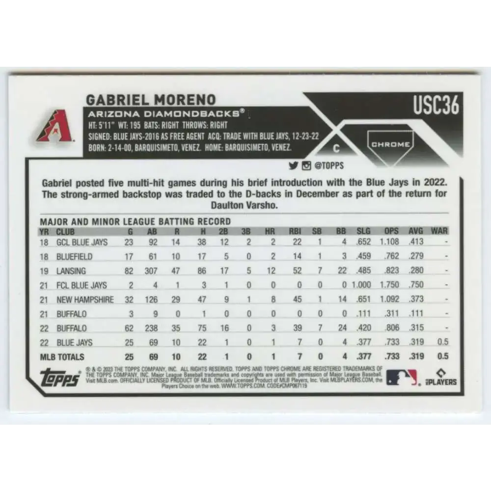 2023 Topps Chrome Update #USC36 Gabriel Moreno NM-MT RC Rookie Arizona Diamondbacks Baseball Card - Baseball Card Single