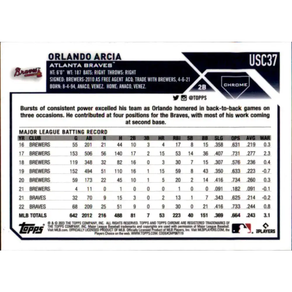 2023 Topps Chrome Update #USC37 Orlando Arcia NM-MT Atlanta Braves Baseball Card - Baseball Card Single