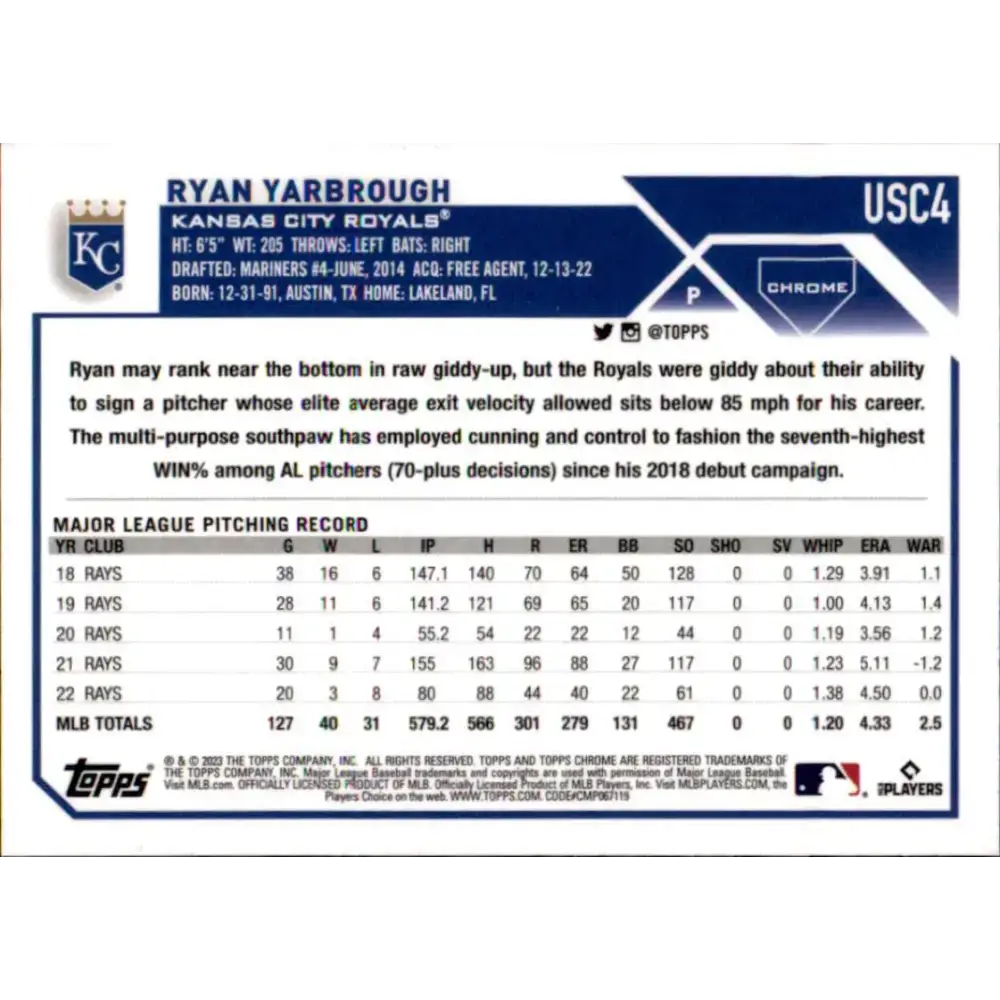 2023 Topps Chrome Update #USC4 Ryan Yarbrough NM-MT Kansas City Royals Baseball Card - Baseball Card Single