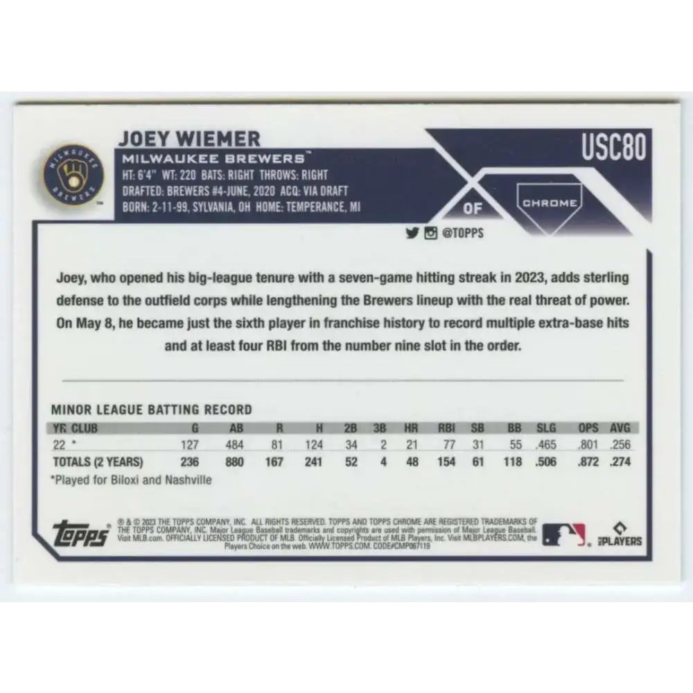 2023 Topps Chrome Update #USC80 Joey Wiemer NM-MT RC Rookie Milwaukee Brewers Baseball Card - Baseball Card Single