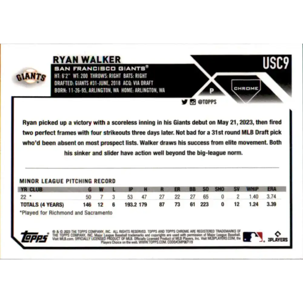 2023 Topps Chrome Update #USC9 Ryan Walker NM-MT RC Rookie San Francisco Giants Baseball Card - Baseball Card Single