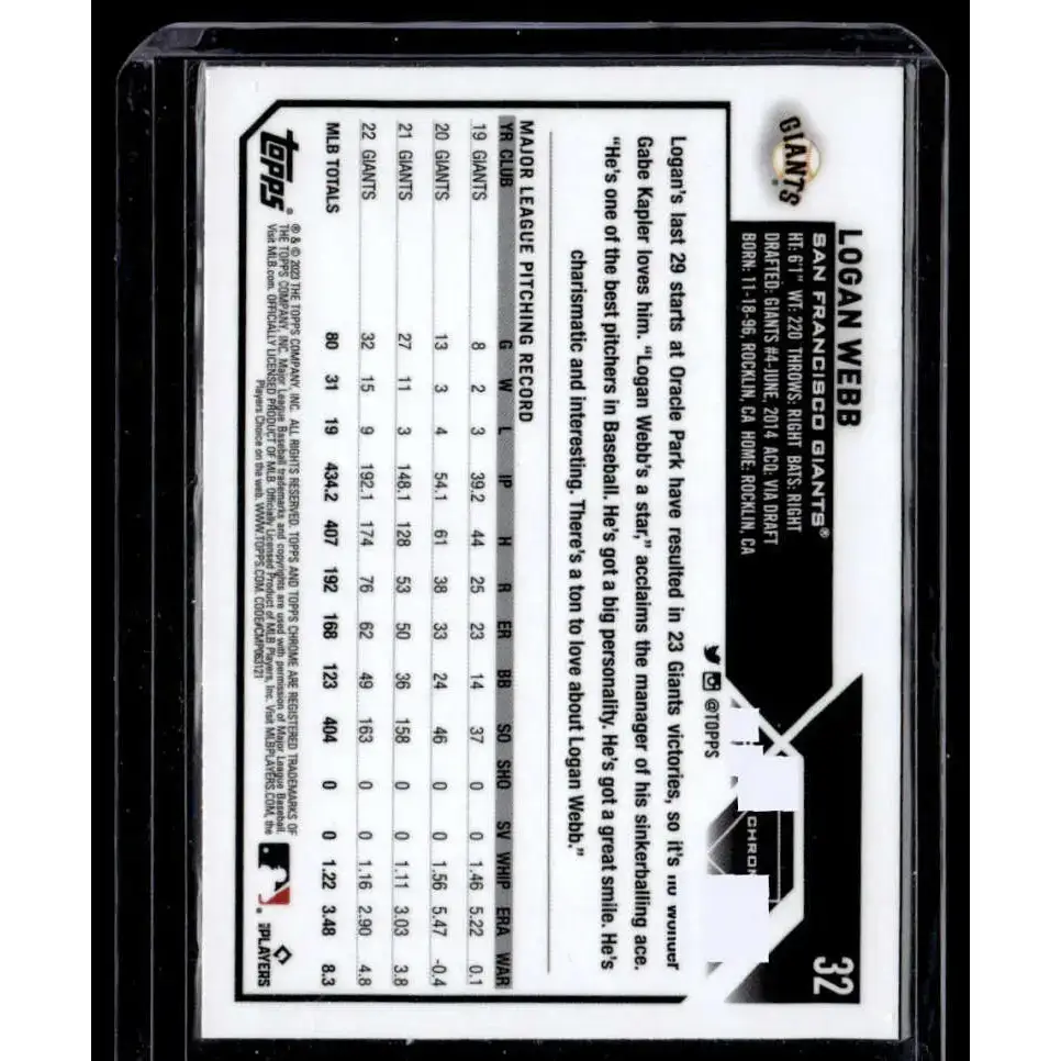 2023 Topps Chrome X-Fractor #32 Logan Webb NM-MT San Francisco Giants Baseball Card - Baseball Card Single