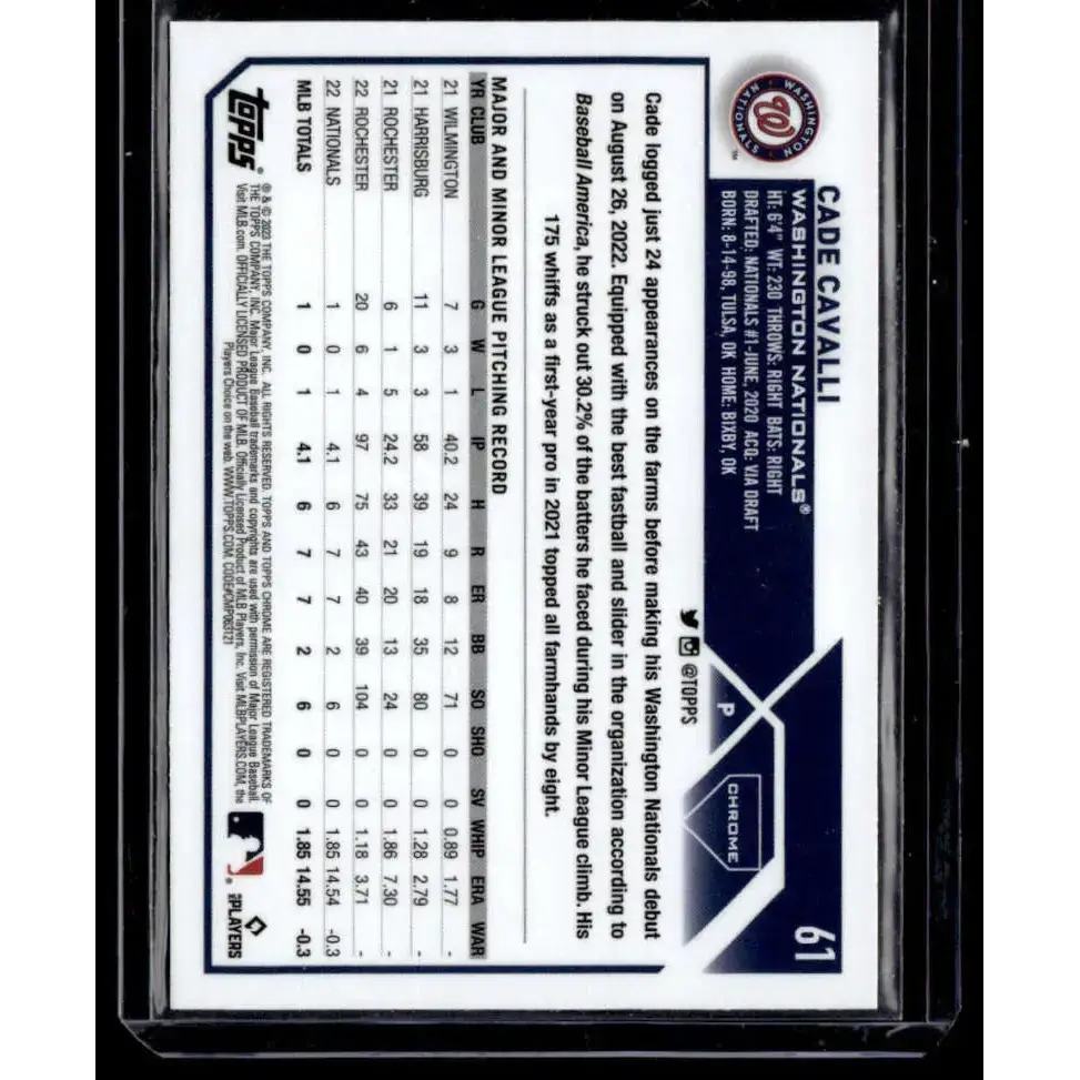 2023 Topps Chrome X-Fractor #61 Cade Cavalli NM-MT RC Rookie Washington Nationals Baseball Card - Baseball Card Single