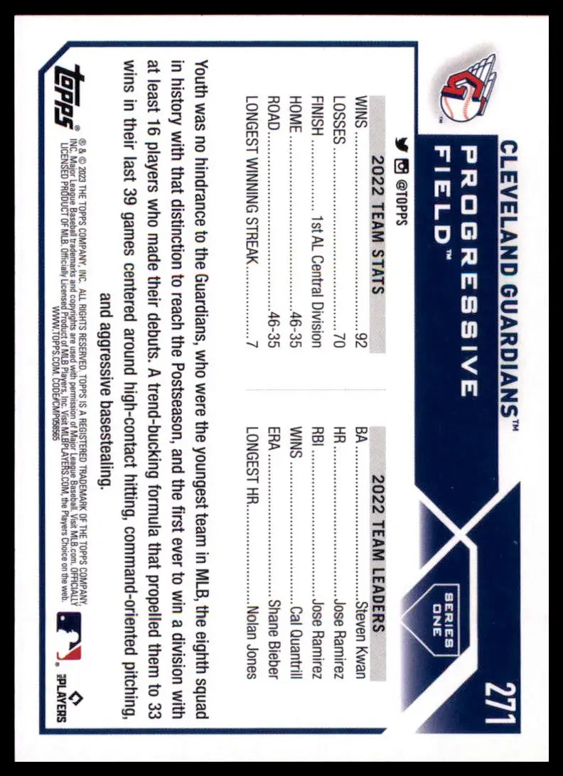 2023 Topps Cleveland Guardians 271 Cleveland Guardians Baseball NM - Baseball Card Single