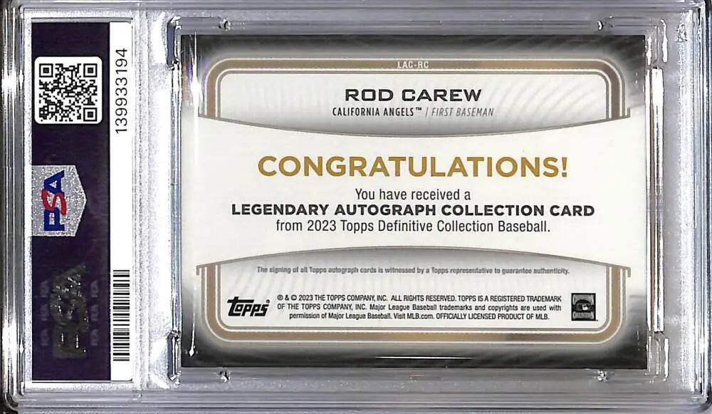 2023 Topps Definitive Legendary Auto Collection Purple #LAC-RC Rod Carew PSA 9 MINT Auto 3/5 California Angels