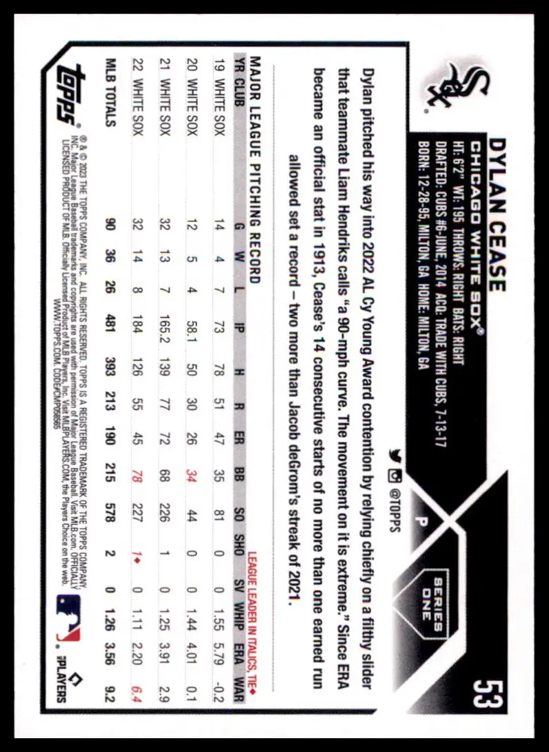 2023 Topps Dylan Cease 53 Chicago White Sox Baseball NM - Baseball Card Single